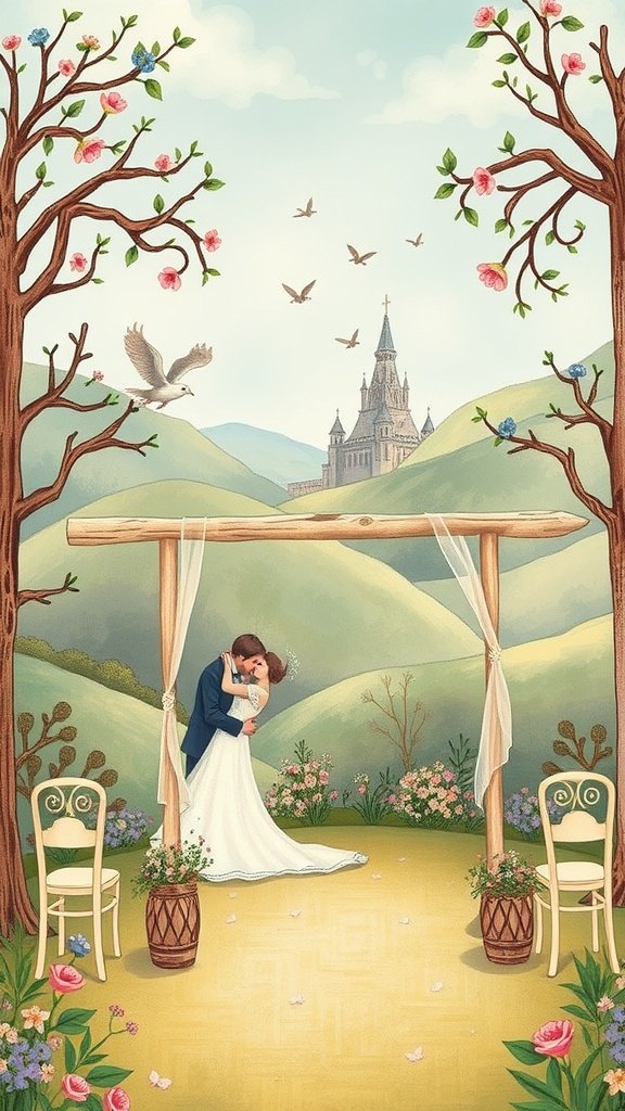 A whimsical illustration of a couple kissing under a wooden arch surrounded by flowers, with hills and a castle in the background.