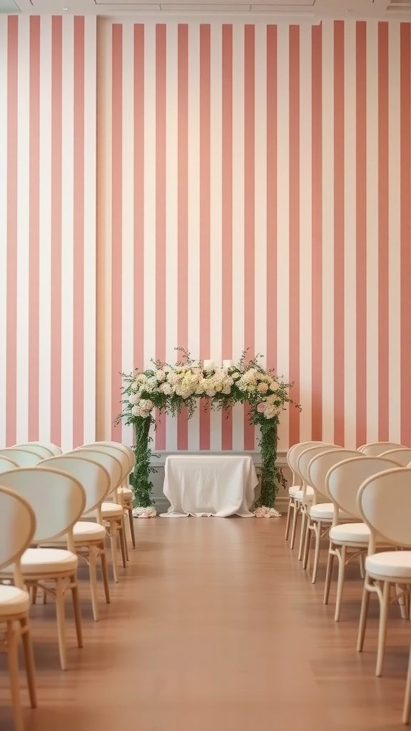 Ceremony setup with chic pink striped wallpaper and floral decoration