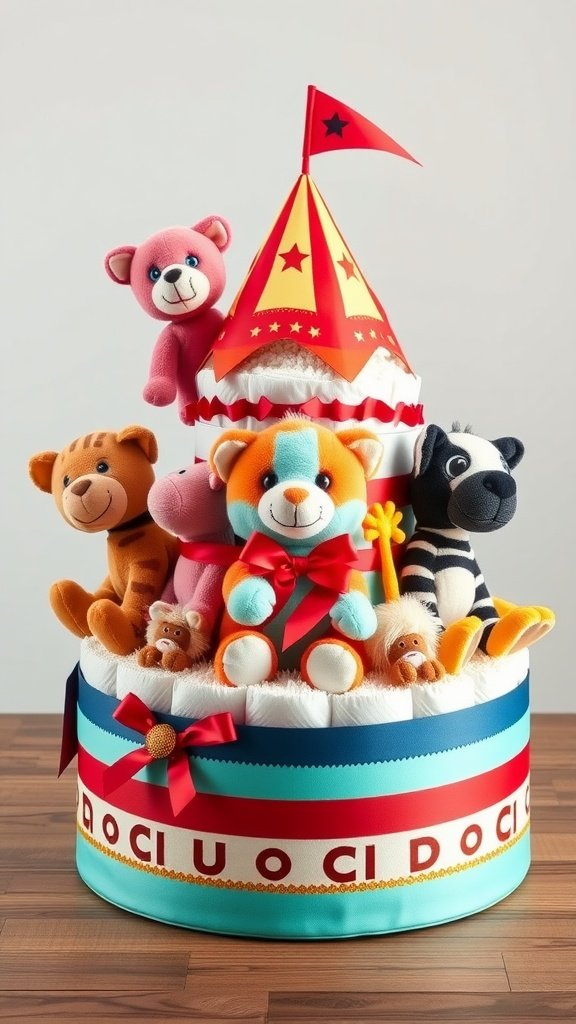 Circus Animal Diaper Cake with plush toys and colorful decorations