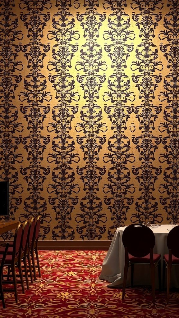 Damask patterned wallpaper in a wedding setting
