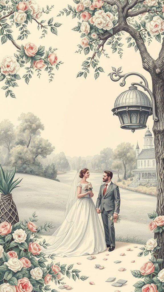 Bride and groom standing in a romantic outdoor setting with floral elements