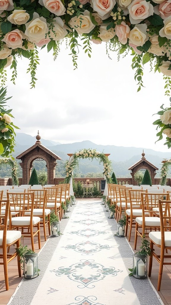 An outdoor wedding setup with floral decorations, chairs, and an aisle runner