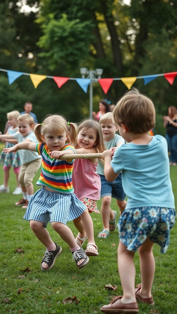 Children playing tug-of-war at a summer birthday party with colorful bunting in the background.