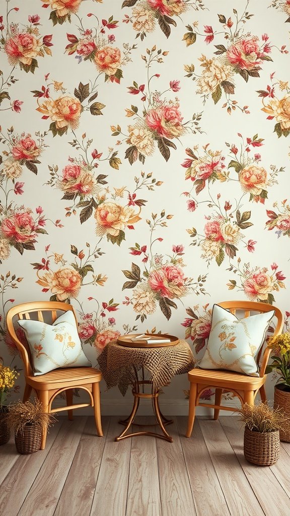 A cozy cottage-style setting with floral wallpaper, wooden chairs, a small table, and decorative plants.