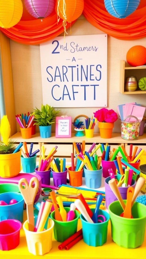 Creative craft station filled with colorful supplies for a child's birthday party.