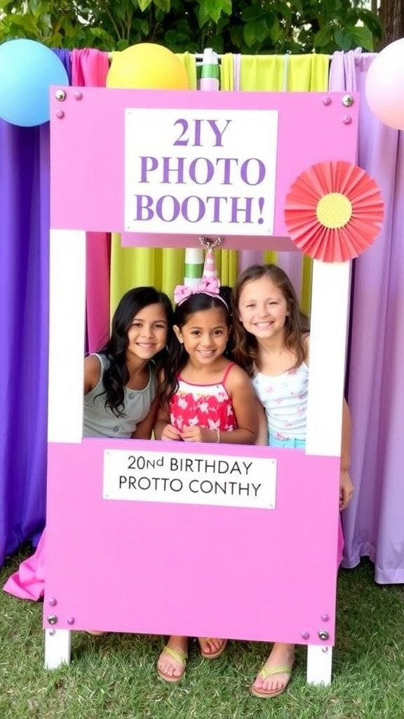 DIY photo booth for a summer party with bright decorations and two women posing