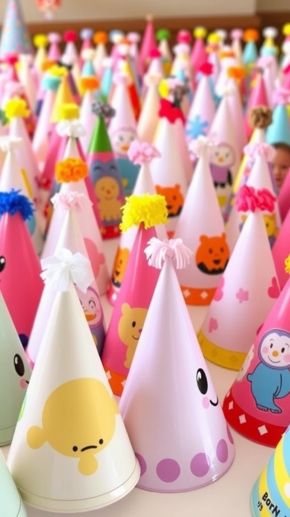 Colorful party hats for a girl's 2nd birthday summer party, featuring playful designs and confetti.