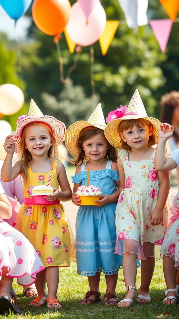 Three girls in colorful summer dresses at a birthday party, wearing party hats and holding cakes