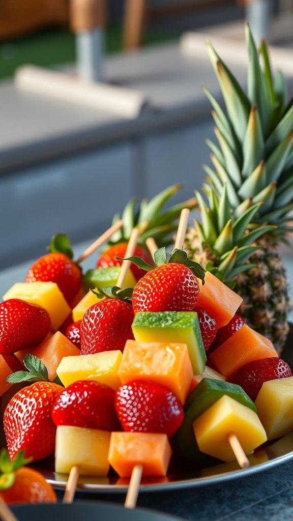 Colorful fruit skewers with strawberries, melon, and pineapple ready for a summer birthday party