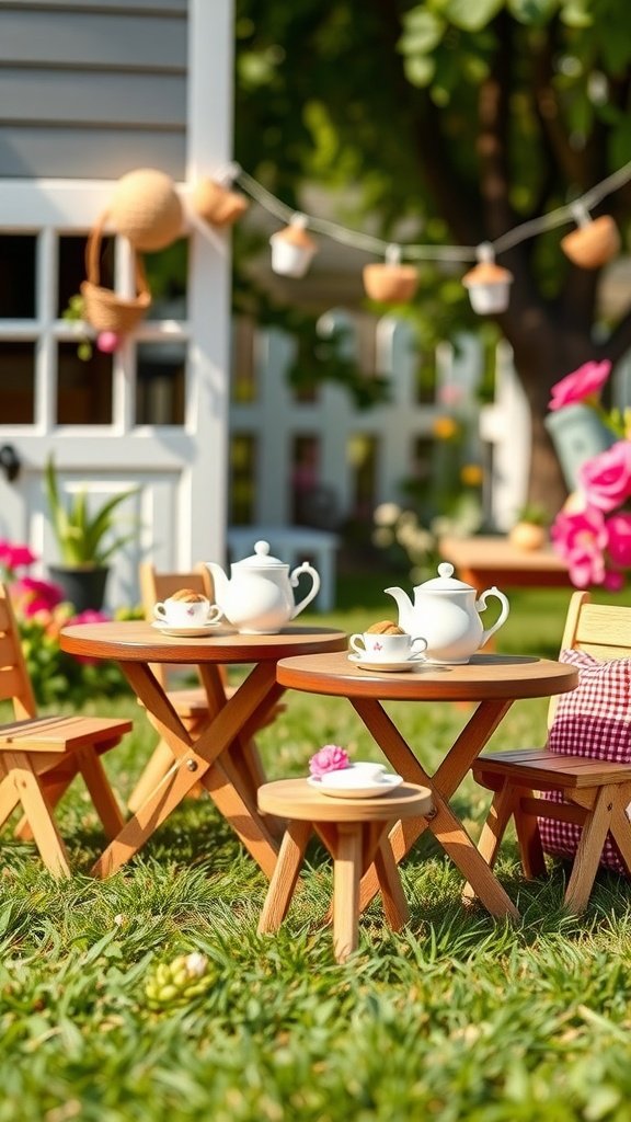 A garden tea party setup with small tables, tea sets, and colorful flowers.