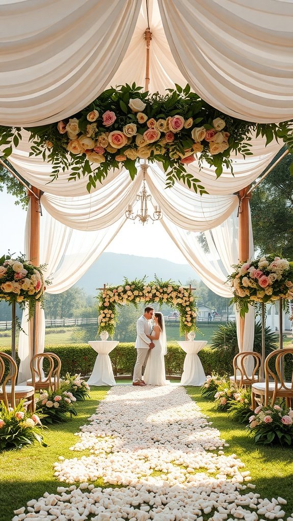 A beautiful outdoor wedding canopy draped with soft fabric and adorned with flowers, creating a romantic setting for the ceremony.