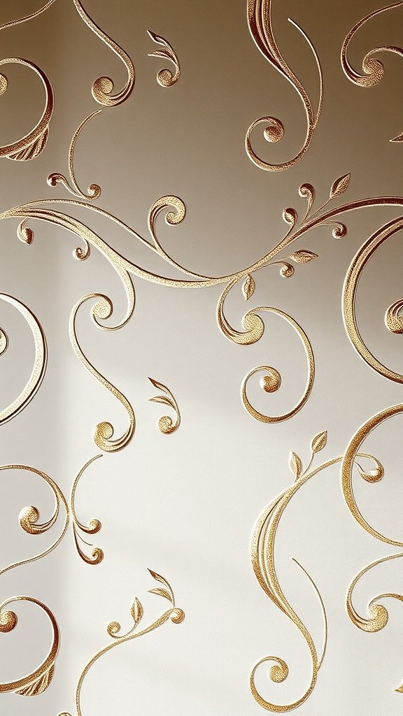 Elegant wallpaper design featuring metallic gold swirls and leaves.