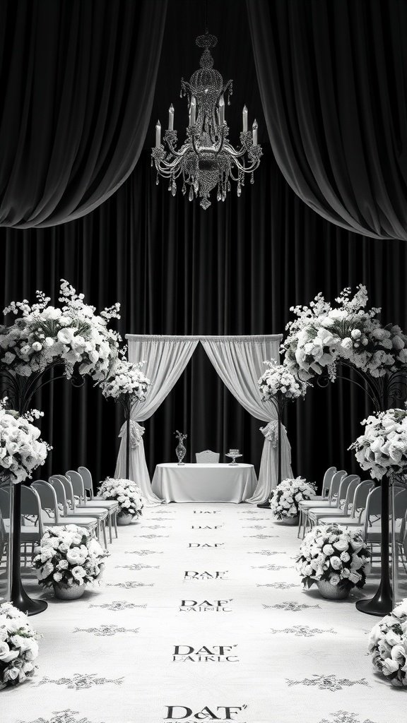 A monochrome wedding setting featuring a chandelier, floral arrangements, and a decorated aisle.