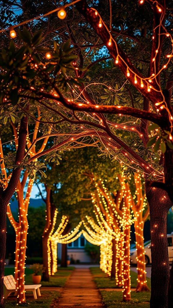 A beautiful display of fairy lights wrapped around trees, illuminating a path for a birthday party.