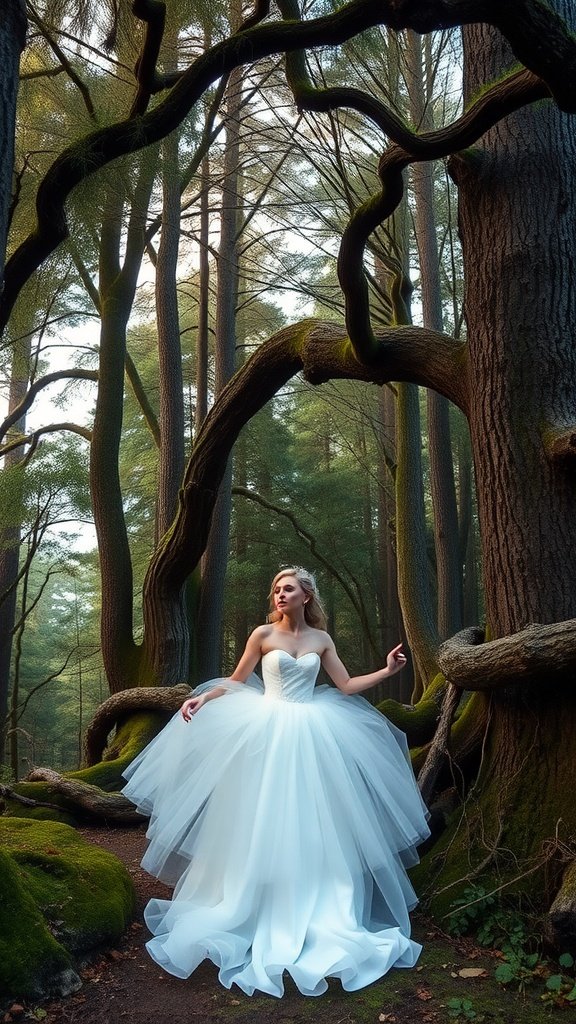 A romantic wedding dress with a tulle skirt displayed in a lush forest.