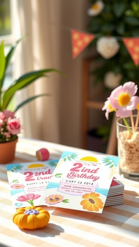 Colorful summer-themed birthday invitations with floral designs for a girl's 2nd birthday.