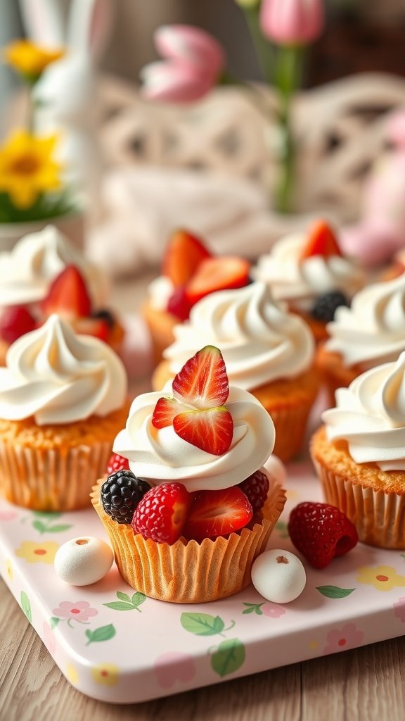 Delicious fruit-filled cupcakes topped with whipped cream and fresh berries for Easter.