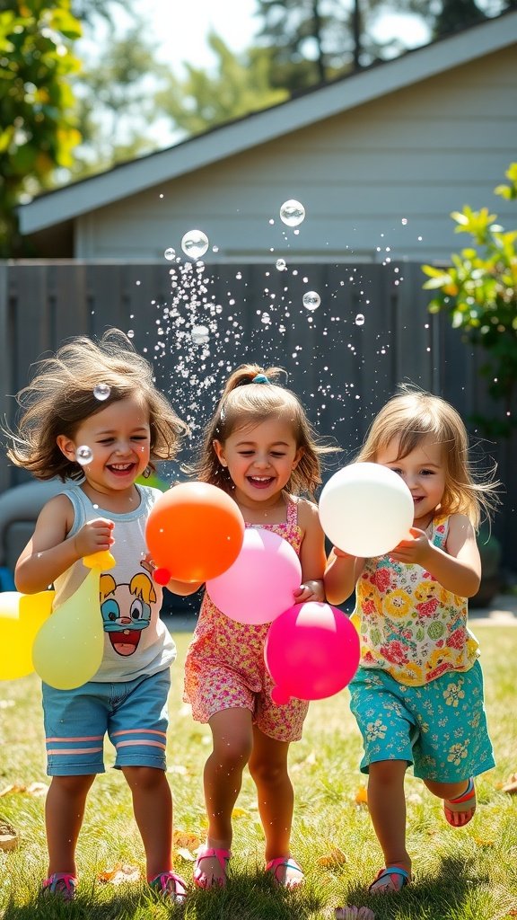 Three girls joyfully playing with colorful water balloons in summer, bubbles floating around