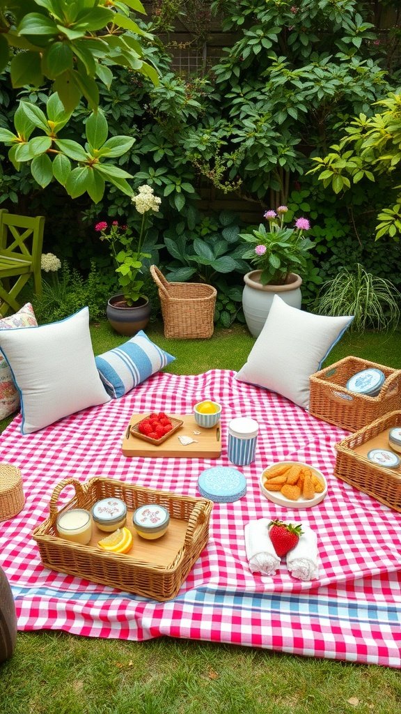A garden picnic setup with a red and white gingham blanket, cushions, and baskets filled with snacks and desserts for a 2nd birthday summer party.