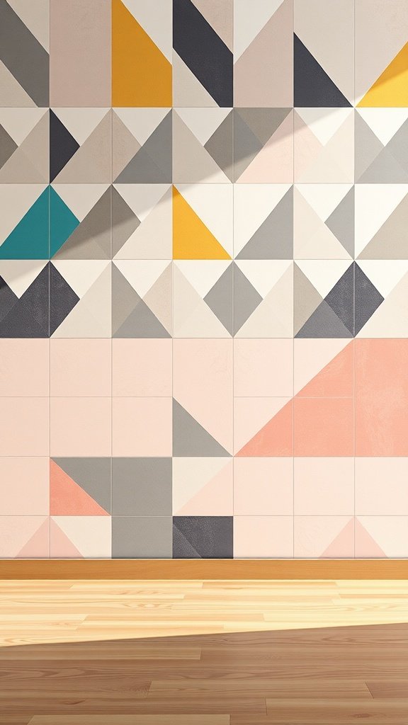 A wall with geometric patterns in various colors and shapes