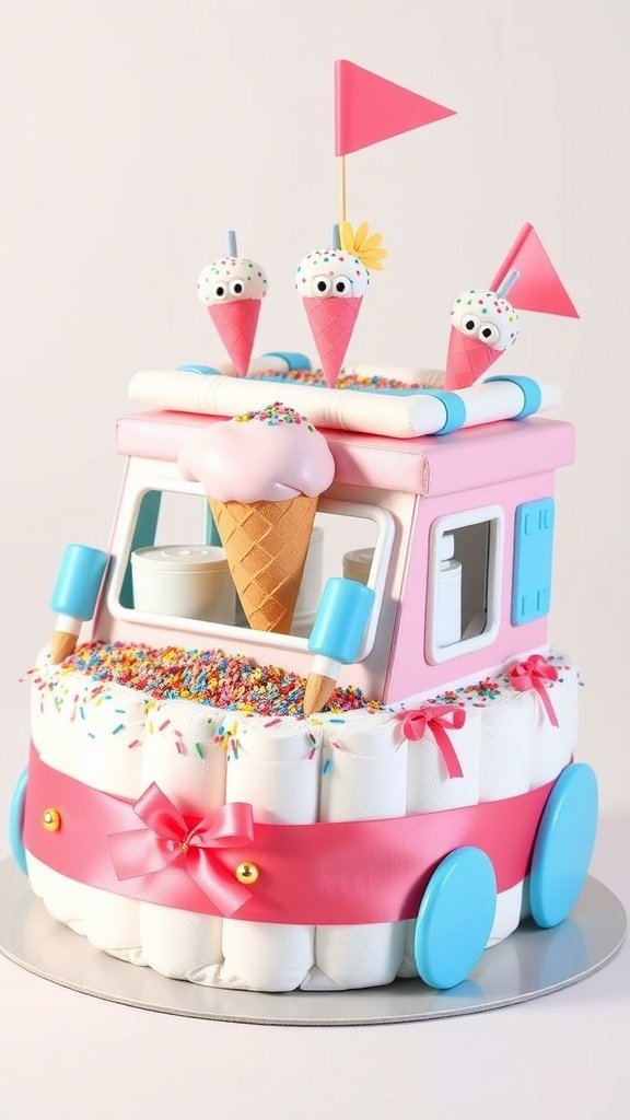 A creative diaper cake designed to look like an ice cream truck, featuring colorful sprinkles and ice cream cones.