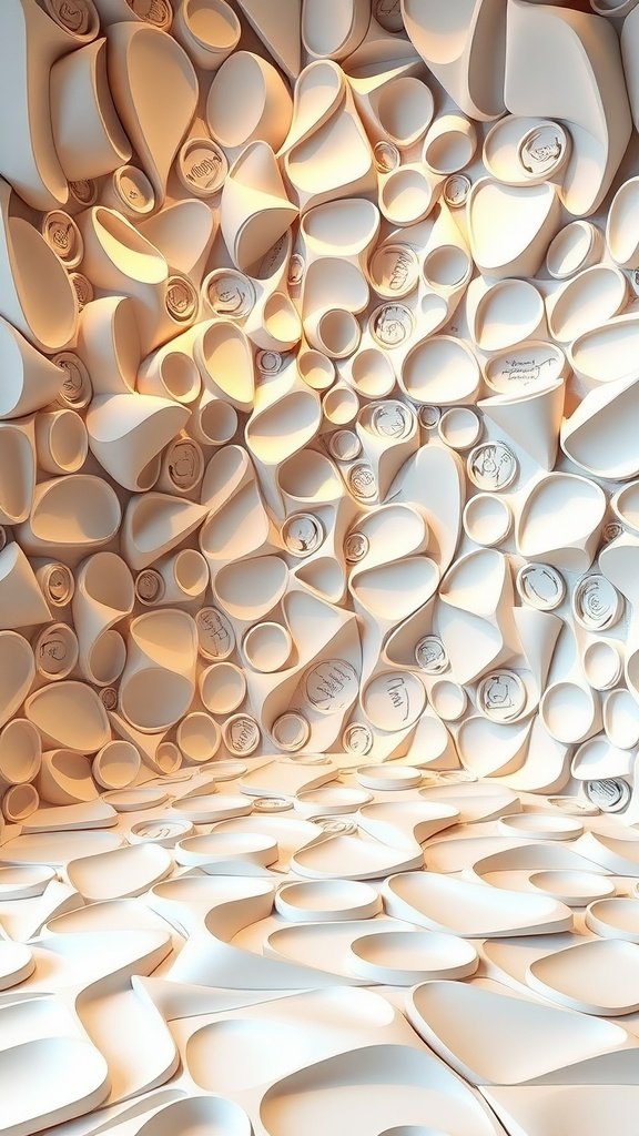 An artistic 3D wallpaper design with soft curves and shapes, creating a unique depth effect.