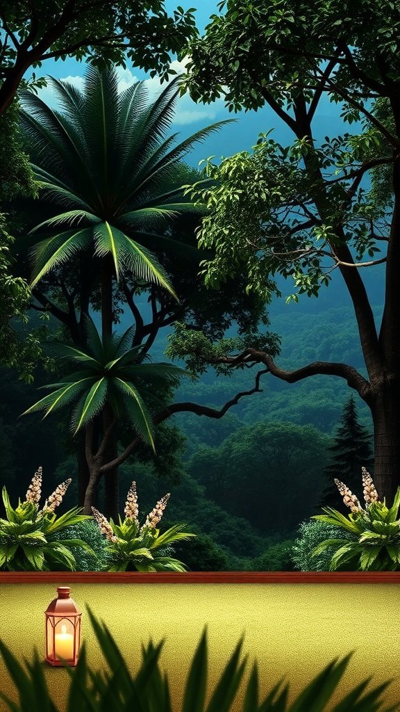 A vibrant, lush green wallpaper featuring palm trees and flowers, creating a serene atmosphere.