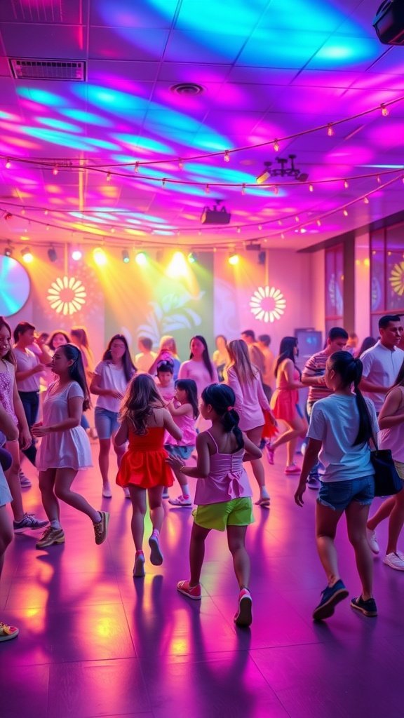 Children dancing at a lively birthday party with colorful lights and joyful expressions.