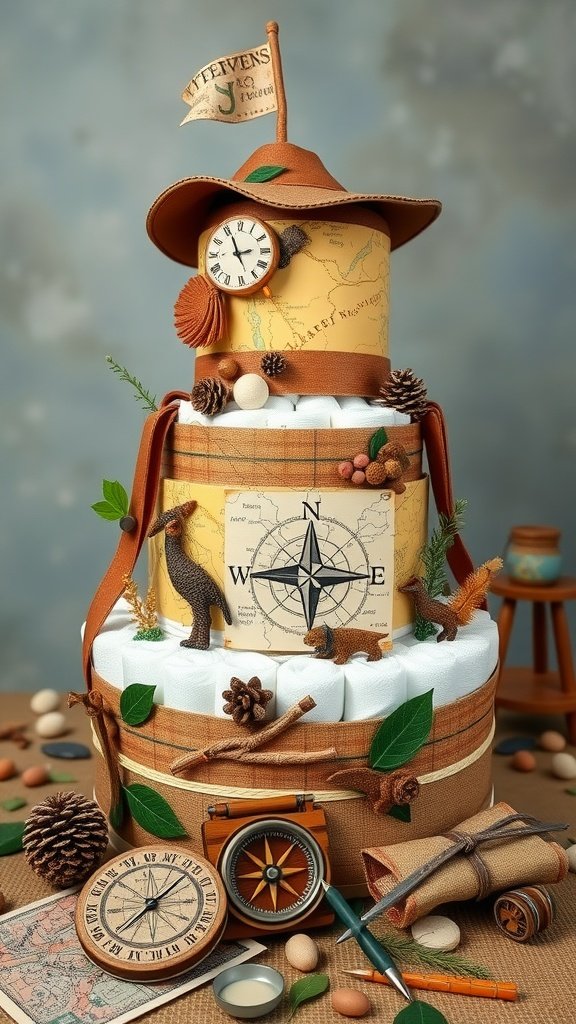 A Little Explorer Diaper Cake decorated with a hat, compass, pine cones, and leaves, crafted from diapers.