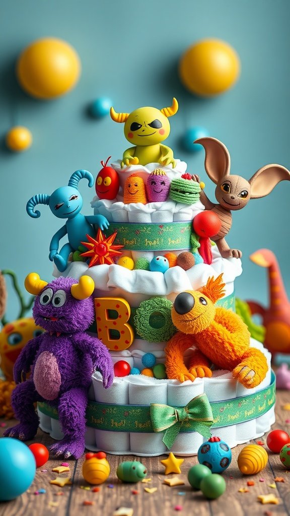 A colorful diaper cake themed with monsters and aliens, featuring playful decorations and stuffed toys.