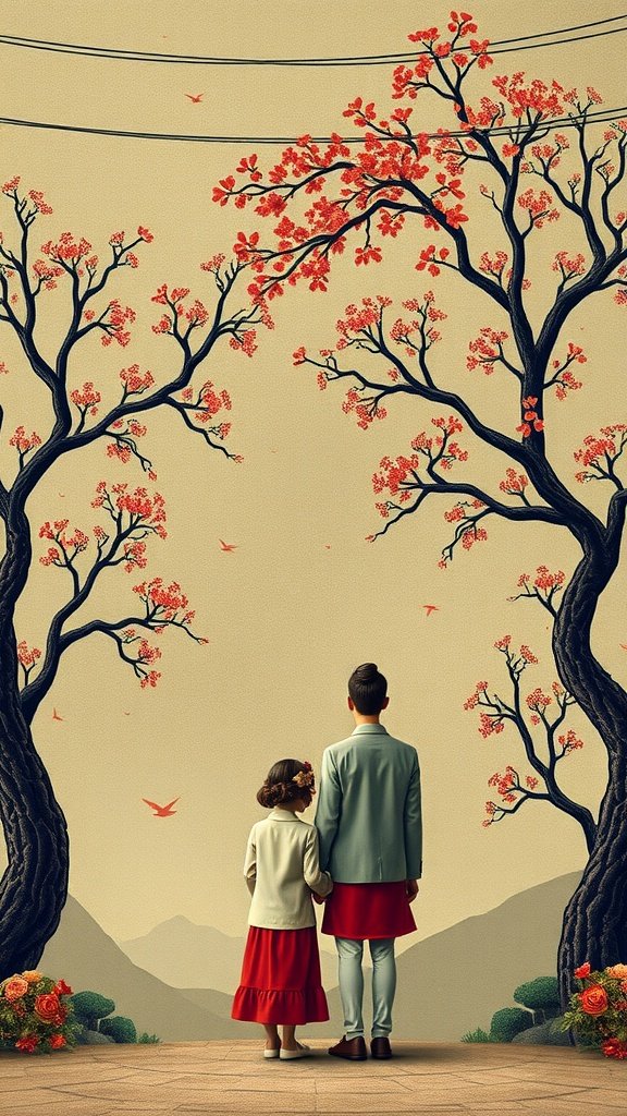 A decorative wedding wallpaper featuring two figures standing under blossoming trees, symbolizing connection and cultural heritage.