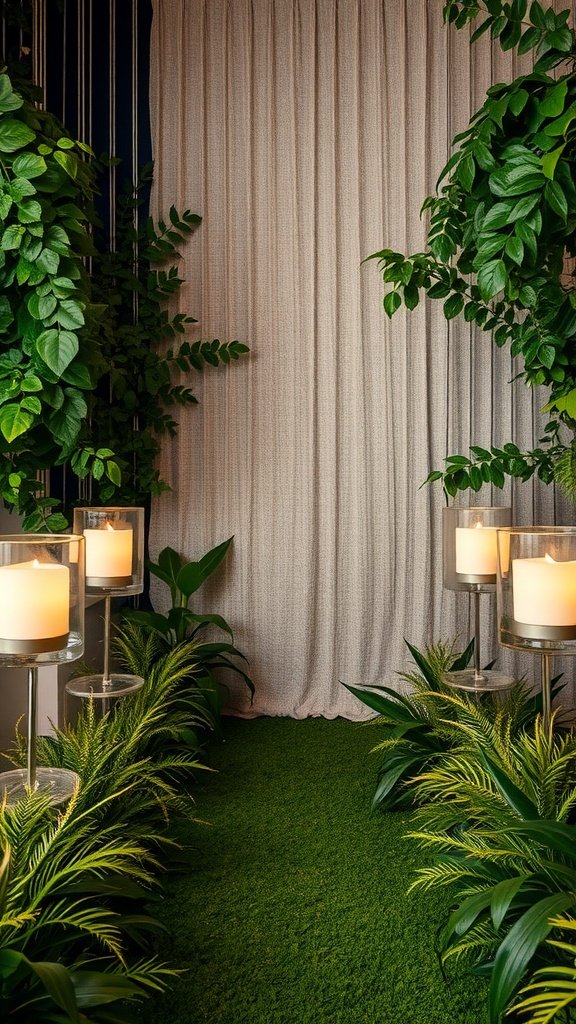 An elegant wedding setup featuring a soft fabric backdrop, lush greenery, and glowing candles.