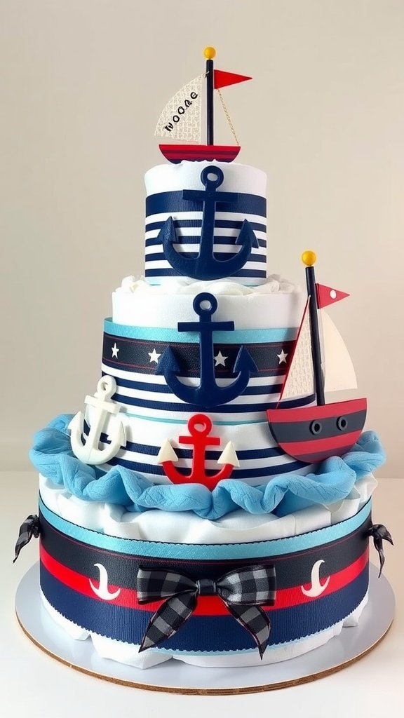 A three-tier nautical-themed diaper cake featuring blue and white stripes, anchors, and sailboats.