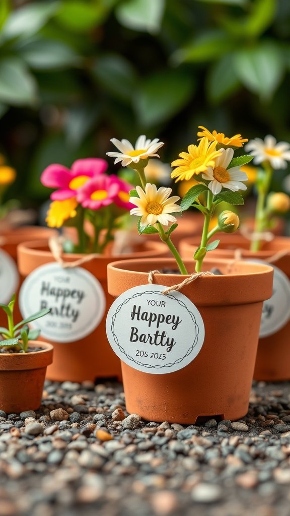 Potted flowers with personalized labels for a birthday party