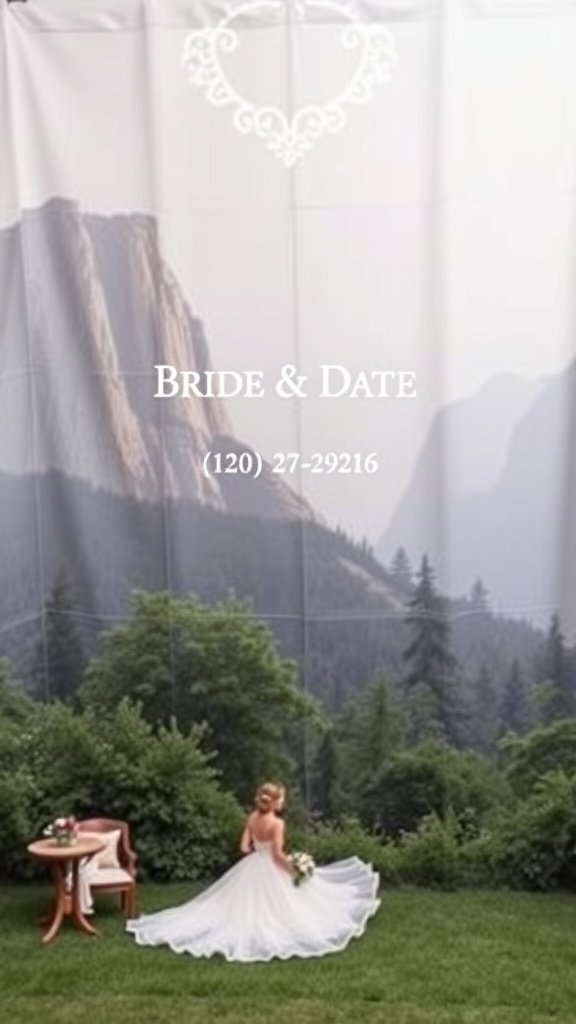 A personalized photo booth backdrop at a bridal shower with a scenic mountain view and text 'Bride & Date'.