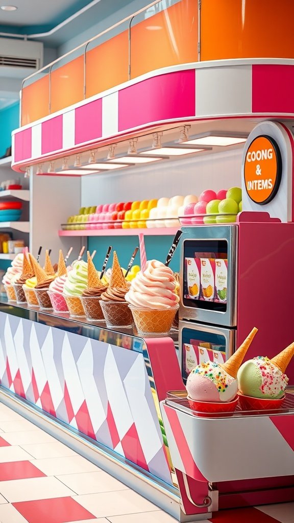 Colorful ice cream bar with various flavors and toppings for a summer birthday party.