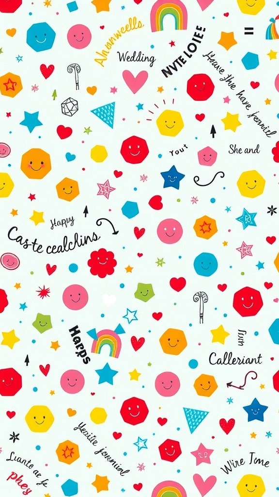 A cheerful wedding wallpaper featuring colorful shapes, smiling emojis, and playful phrases.