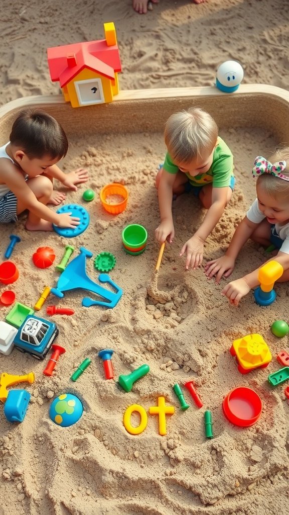 Children playing in a sandbox during a summer birthday party