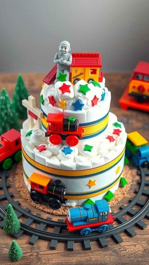 A playful train-themed diaper cake with toy trains, colorful stars, and a little boy figure on top.
