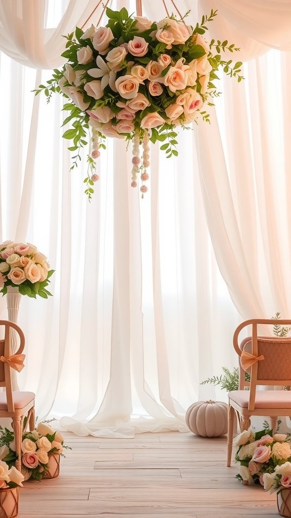 A romantic wedding setup featuring pastel flowers, sheer curtains, and elegantly arranged chairs.