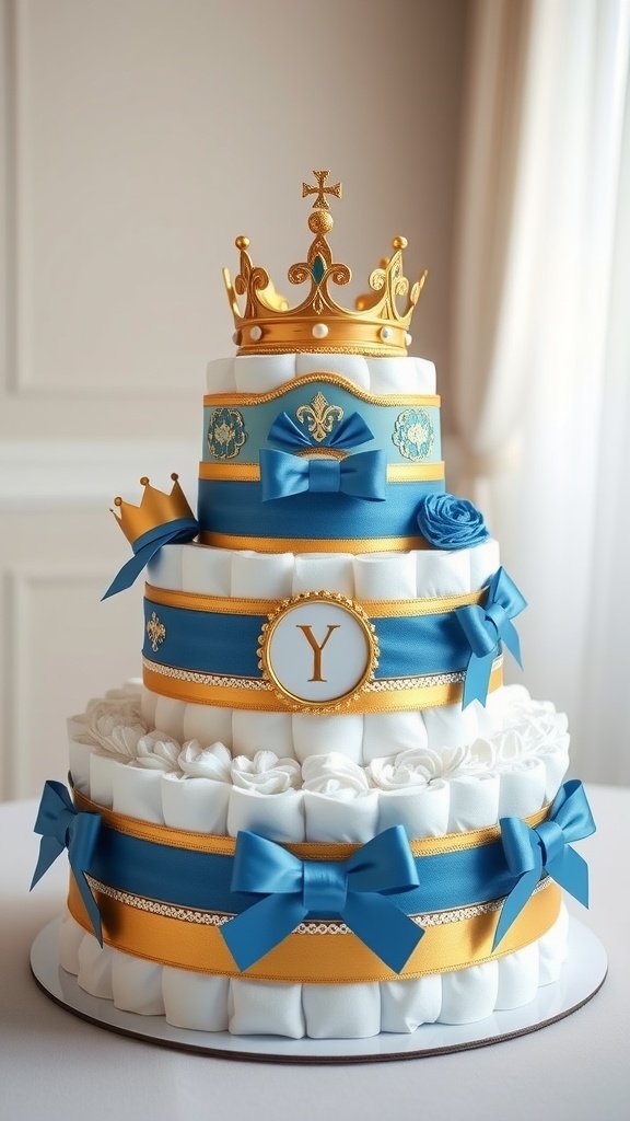 A royal-themed diaper cake featuring white diapers, blue ribbons, golden crowns, and decorative elements.
