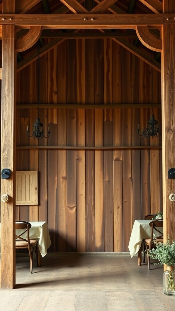 Interior with rustic wood paneling, featuring two tables, soft lighting, and a cozy atmosphere