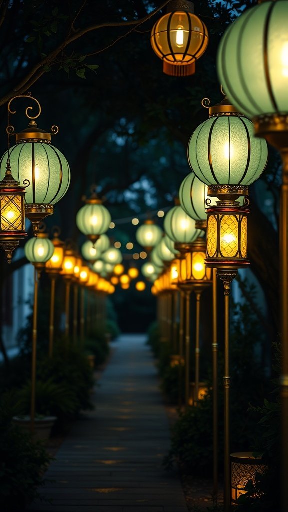 Pathway lined with sage green and gold lanterns creating a warm and inviting atmosphere.