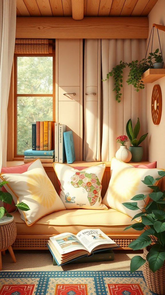 Cozy summer-themed reading corner with colorful cushions and books, perfect for a child's birthday party.