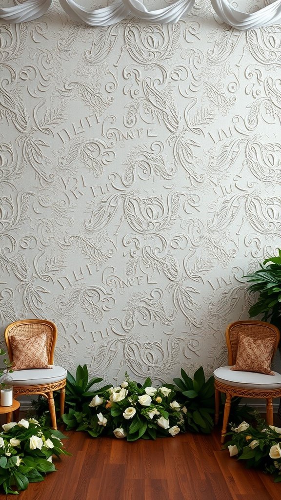 Textured wedding wallpaper with floral patterns, featuring two chairs and flower arrangements