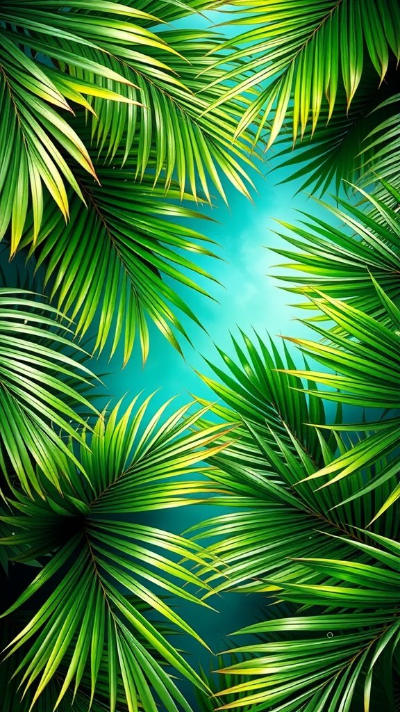Close-up of palm leaves against a soft blue background