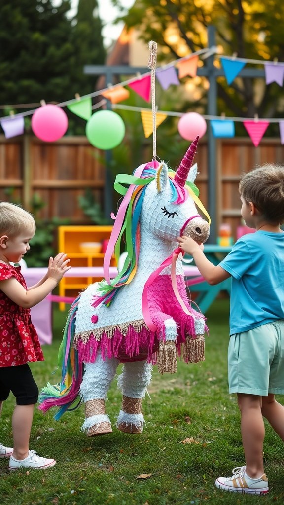 Kids playing with a unicorn piñata at a birthday party