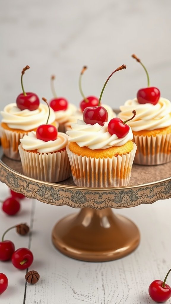 Vanilla almond cupcakes topped with cherries on a decorative stand