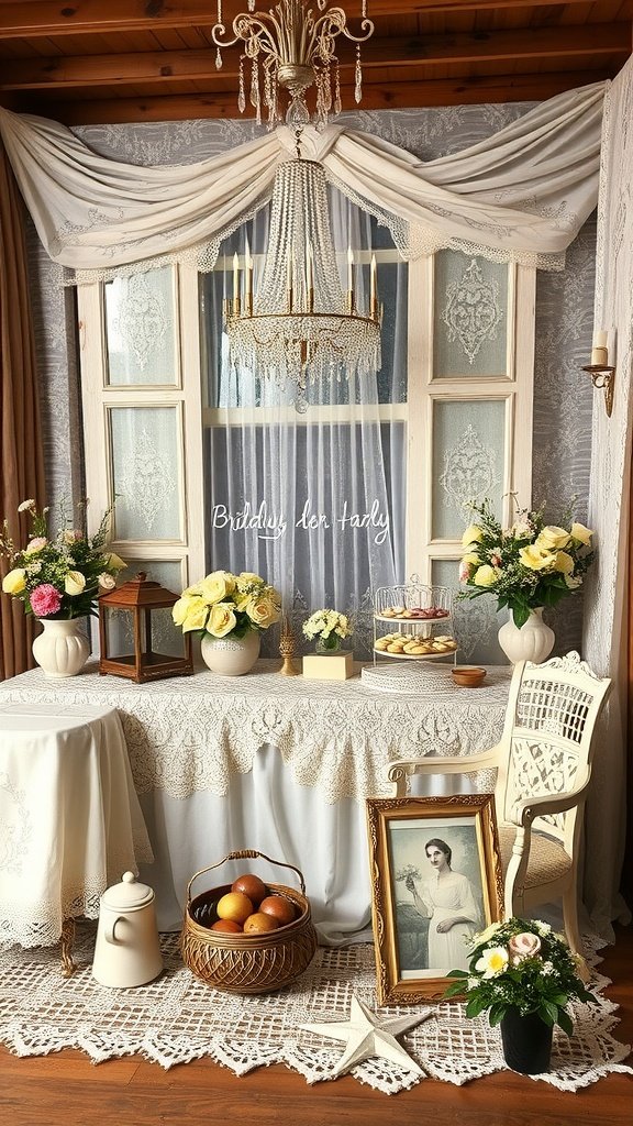 Vintage-inspired bridal shower decorations featuring a lace tablecloth, flowers, and a chandelier.