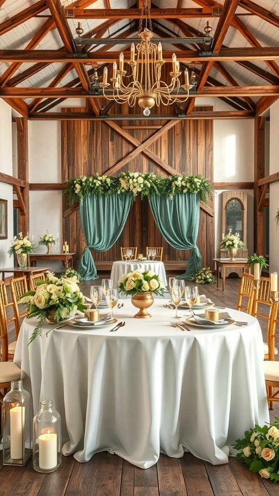 A beautifully decorated wedding venue featuring sage green and gold decor elements with elegant tables and floral arrangements.
